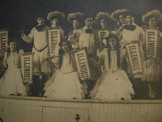 Large ANtique group photo possible Illinois pageant girls with state banners and american flag