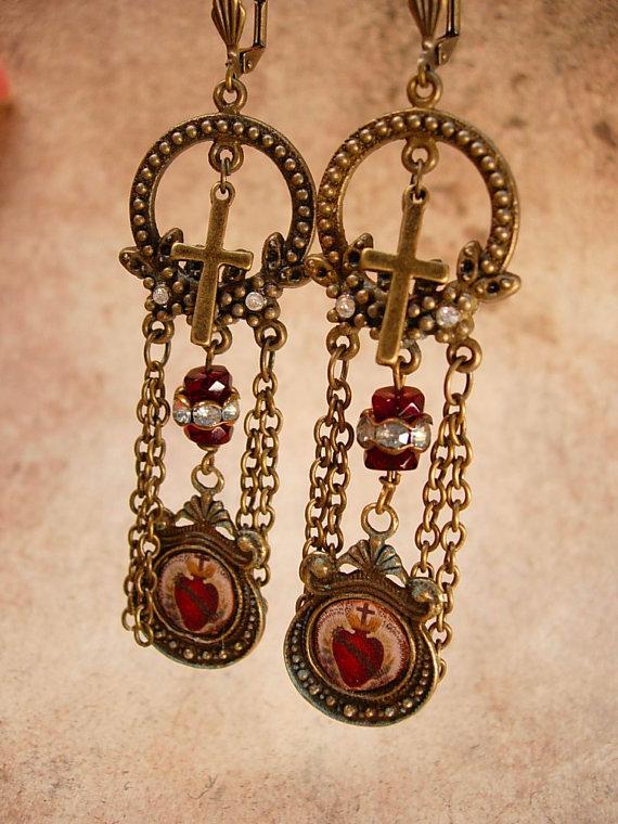 Sacred Heart Chandelier earrings Gothic chains and old paste stones