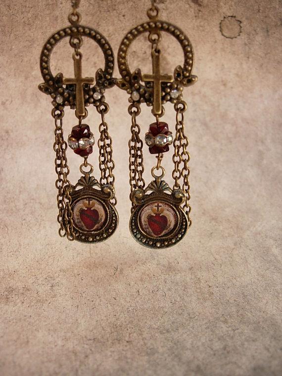 Sacred Heart Chandelier earrings Gothic chains and old paste stones