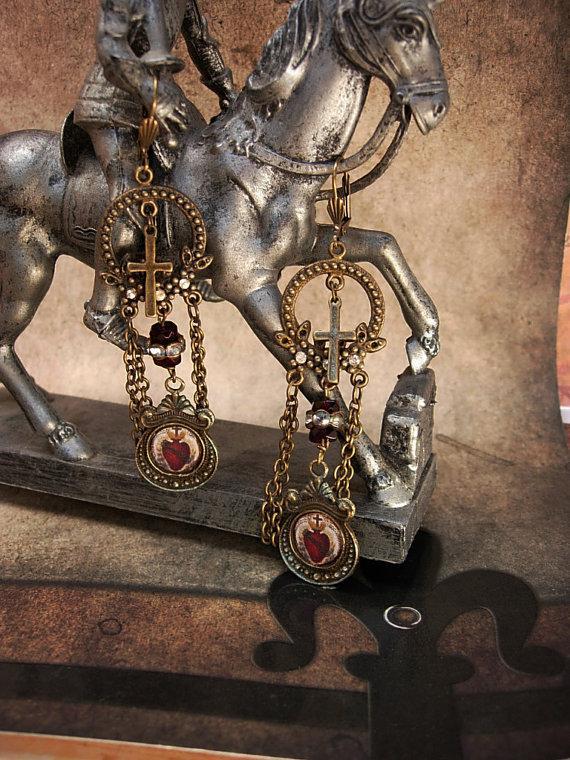 Sacred Heart Chandelier earrings Gothic chains and old paste stones