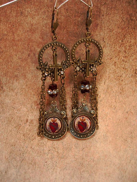 Sacred Heart Chandelier earrings Gothic chains and old paste stones