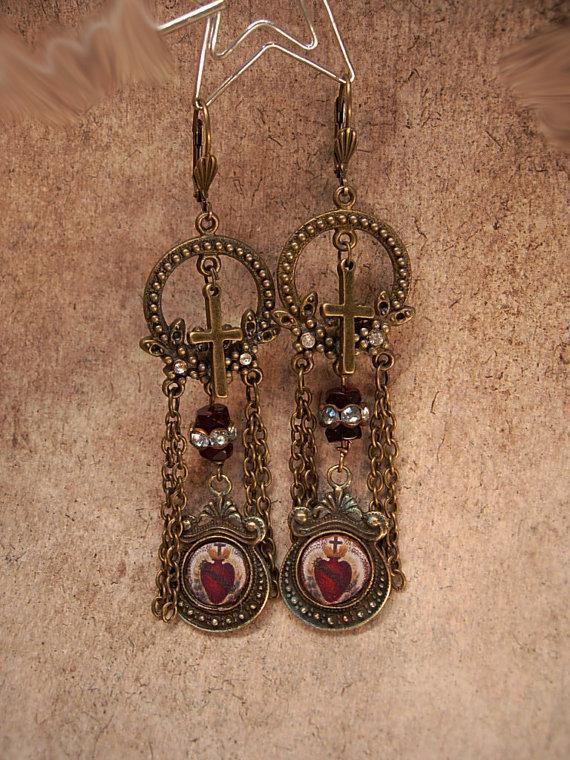 Sacred Heart Chandelier earrings Gothic chains and old paste stones