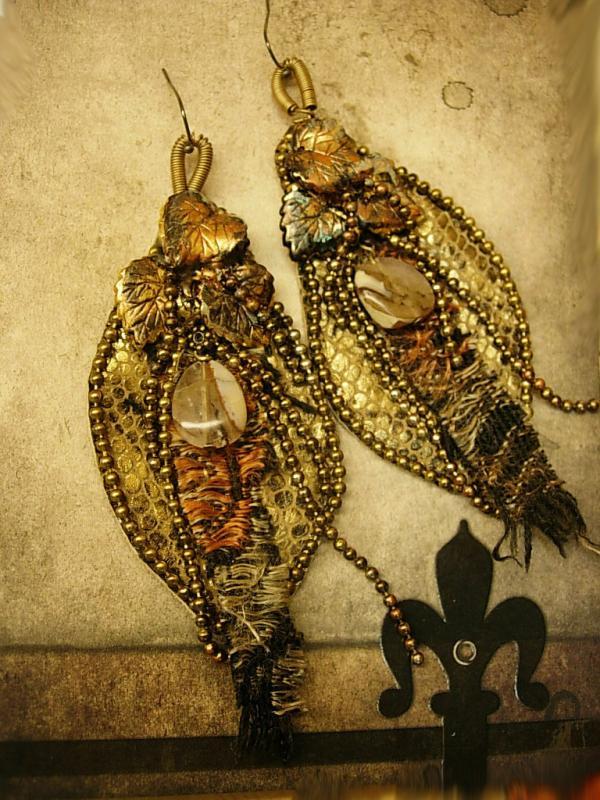 From the Earth Snake skin earrings agate and fiber LONG 4 3/4