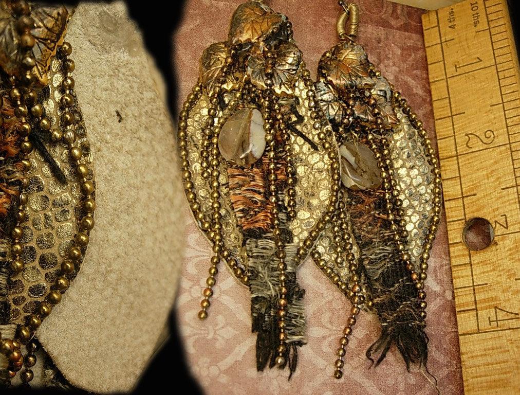 From the Earth Snake skin earrings agate and fiber LONG 4 3/4