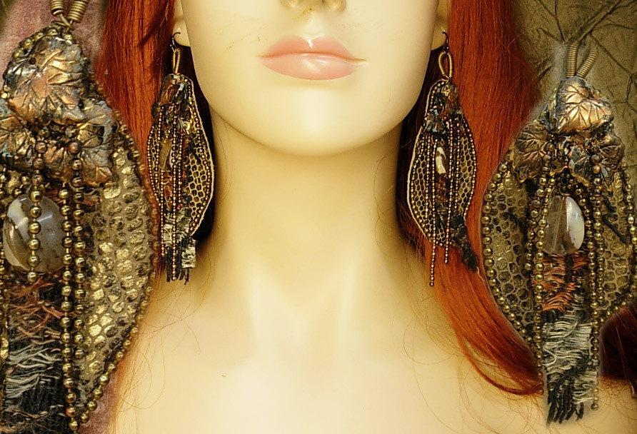 From the Earth Snake skin earrings agate and fiber LONG 4 3/4