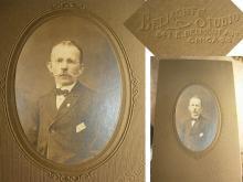 ANtique photo handlebar moustache gentleman with fraternal pin & handkerchief wireframe glasses INTERESTING history