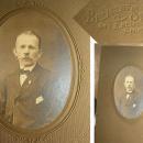 ANtique photo handlebar moustache gentleman with fraternal pin & handkerchief wireframe glasses INTERESTING history