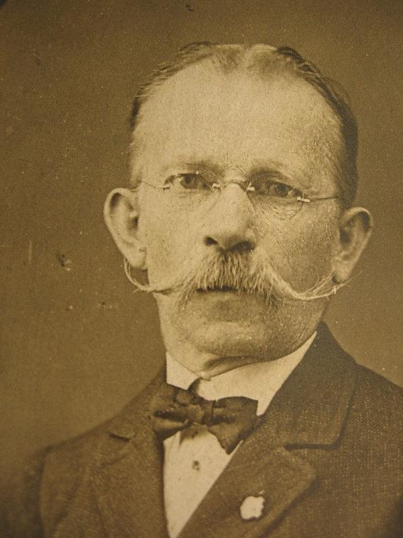 ANtique photo handlebar moustache gentleman with fraternal pin & handkerchief wireframe glasses INTERESTING history