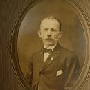 ANtique photo handlebar moustache gentleman with fraternal pin & handkerchief wireframe glasses INTERESTING history