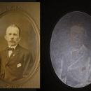 ANtique photo handlebar moustache gentleman with fraternal pin & handkerchief wireframe glasses INTERESTING history