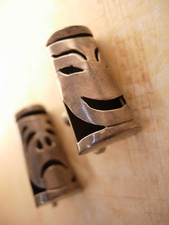 Vintage Earrings Bizarre Ghoulish sterling Chinese Totem mask Drama faces hallmarked