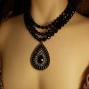 Black glass Vampire Goth necklace huge rhinestone drop 3 strand glass beads