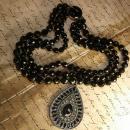 Black glass Vampire Goth necklace huge rhinestone drop 3 strand glass beads