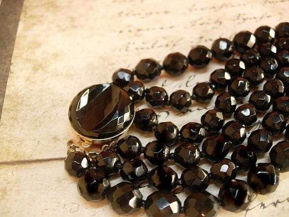 Black glass Vampire Goth necklace huge rhinestone drop 3 strand glass beads