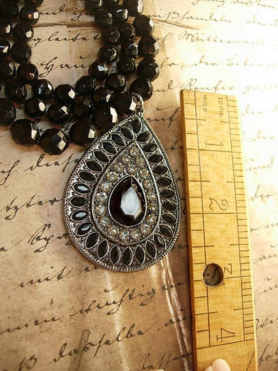Black glass Vampire Goth necklace huge rhinestone drop 3 strand glass beads