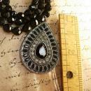 Black glass Vampire Goth necklace huge rhinestone drop 3 strand glass beads