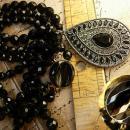 Black glass Vampire Goth necklace huge rhinestone drop 3 strand glass beads