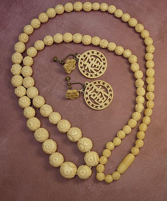 ANtique ivory necklace Carved Ivory earrings LONG necklace with Barrel clasp