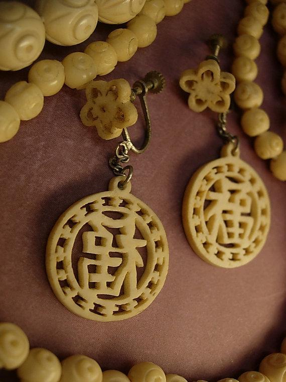 ANtique ivory necklace Carved Ivory earrings LONG necklace with Barrel clasp