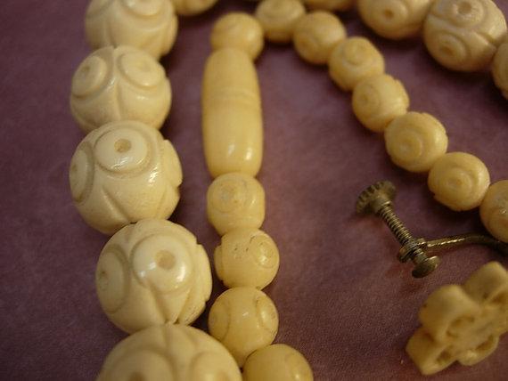 ANtique ivory necklace Carved Ivory earrings LONG necklace with Barrel clasp
