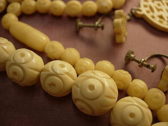 ANtique ivory necklace Carved Ivory earrings LONG necklace with Barrel clasp