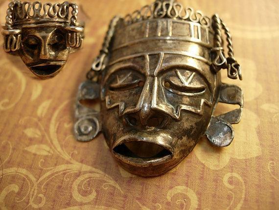 Vintage Shrunken HEad brooch Mask Ring Sterling signed Mask Voodoo set