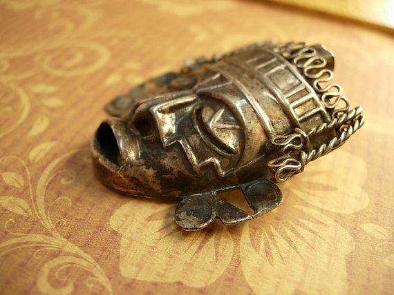 Vintage Shrunken HEad brooch Mask Ring Sterling signed Mask Voodoo set