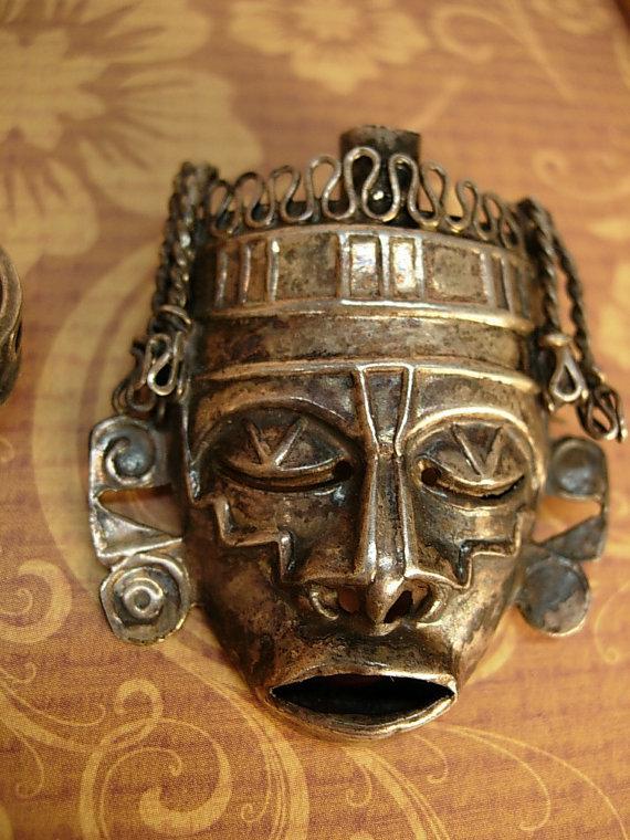 Vintage Shrunken HEad brooch Mask Ring Sterling signed Mask Voodoo set