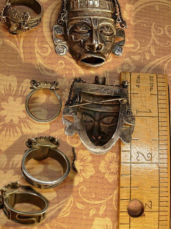Vintage Shrunken HEad brooch Mask Ring Sterling signed Mask Voodoo set
