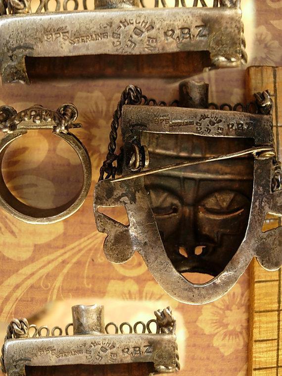 Vintage Shrunken HEad brooch Mask Ring Sterling signed Mask Voodoo set