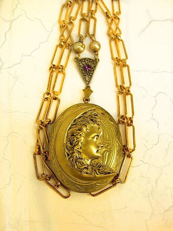 Victorian Man in the Moon locket necklace with real pearls and nymph print inside