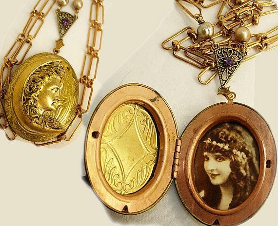 Victorian Man in the Moon locket necklace with real pearls and nymph print inside