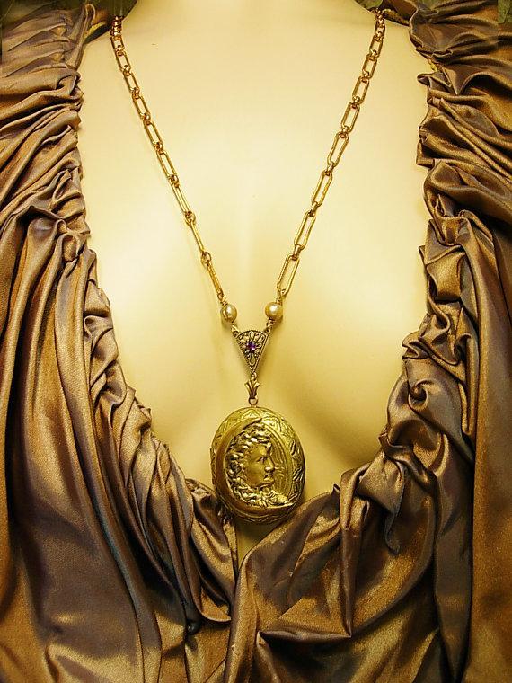 Victorian Man in the Moon locket necklace with real pearls and nymph print inside