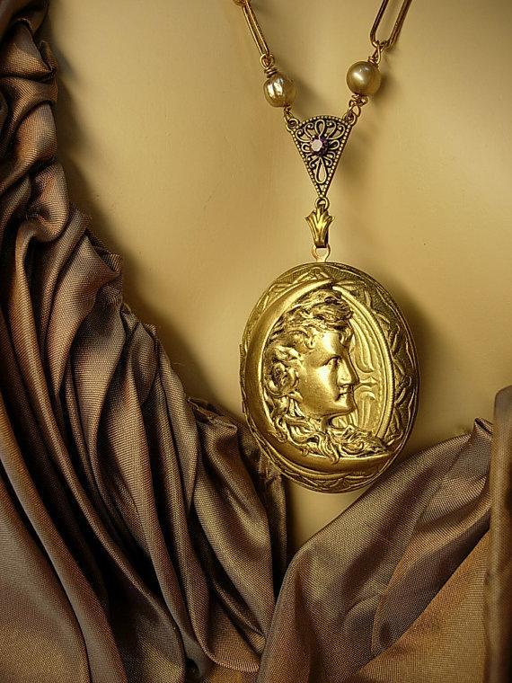Victorian Man in the Moon locket necklace with real pearls and nymph print inside