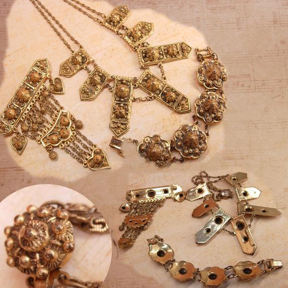 Vintage Fabulous ETRUSCAN Parure NEcklace Brooch and bracelet Signed Etrusceana