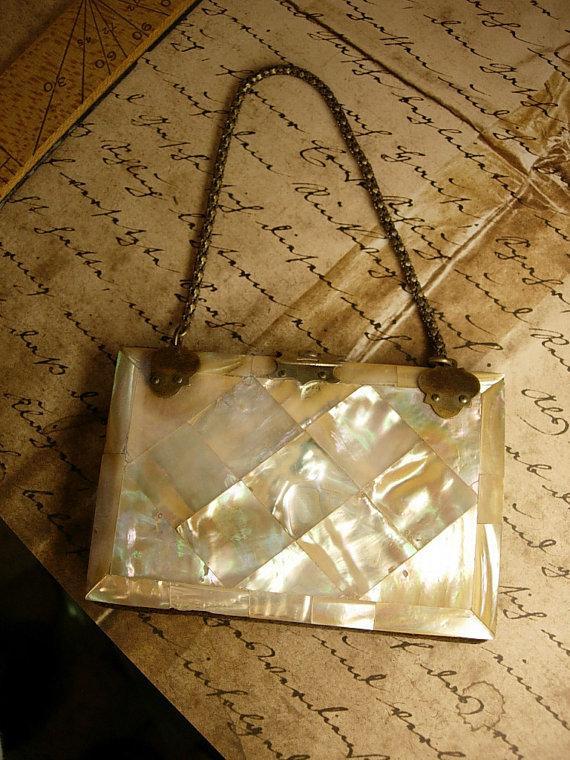 Antique Mother of pearl calling card case with original silk case