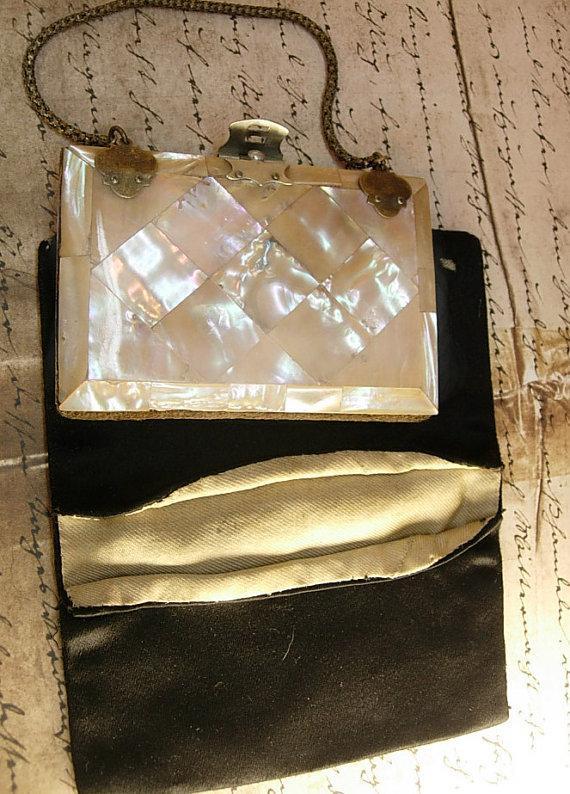 Antique Mother of pearl calling card case with original silk case