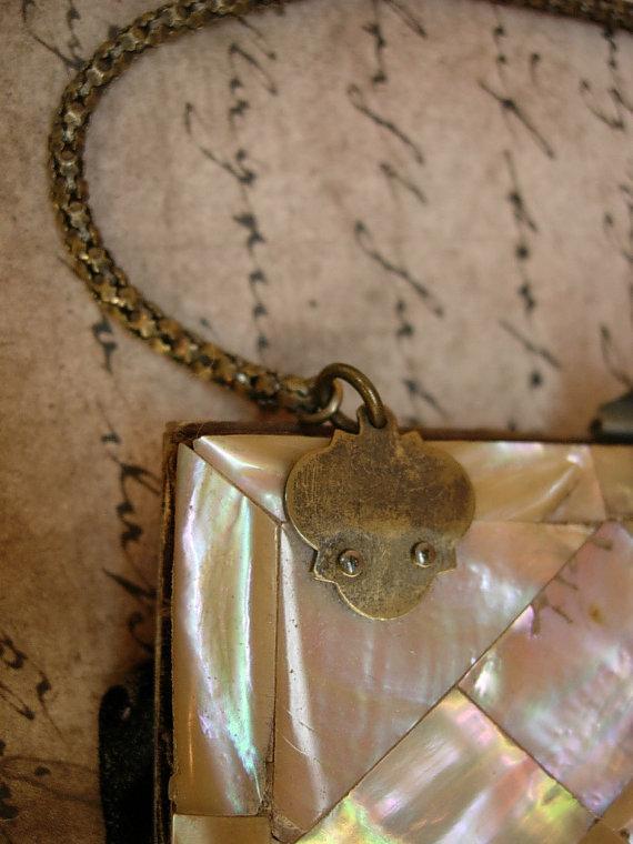 Antique Mother of pearl calling card case with original silk case
