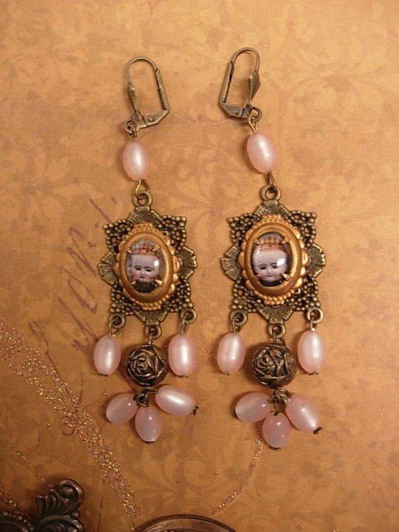 Rosary Earrings Religious Portrait under glass assemblage earrings