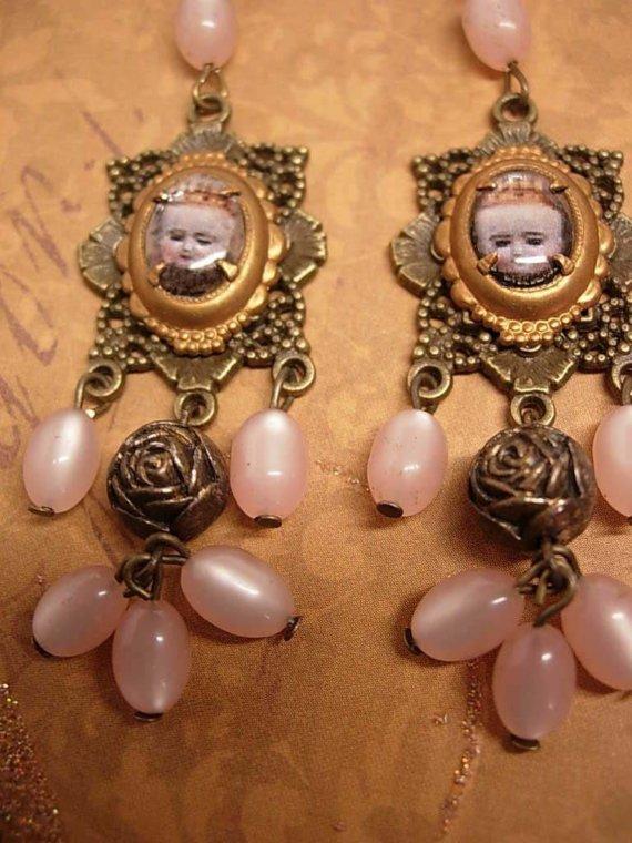 Rosary Earrings Religious Portrait under glass assemblage earrings