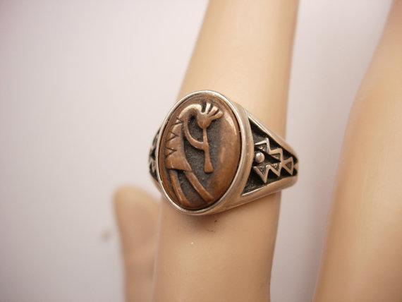 Vintage Signed Kokopelli Ring sterling native american Zuni silver and copper Kachina Dancer