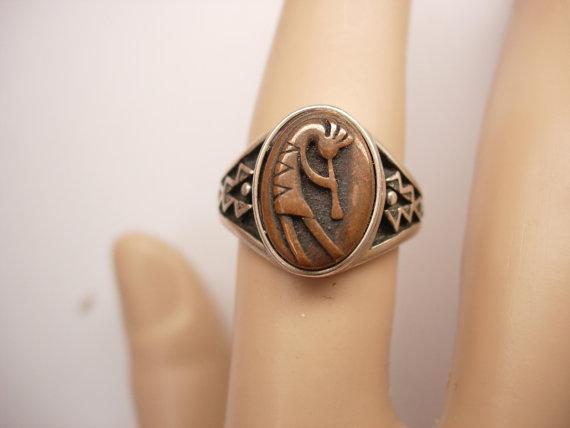 Vintage Signed Kokopelli Ring sterling native american Zuni silver and copper Kachina Dancer