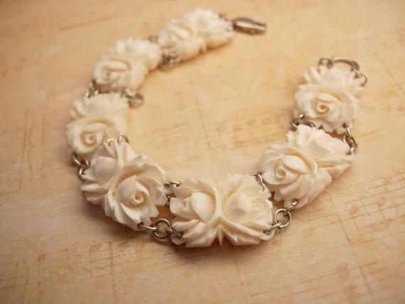 Vintage Carved Ivory Flower bracelet with sterling clasp