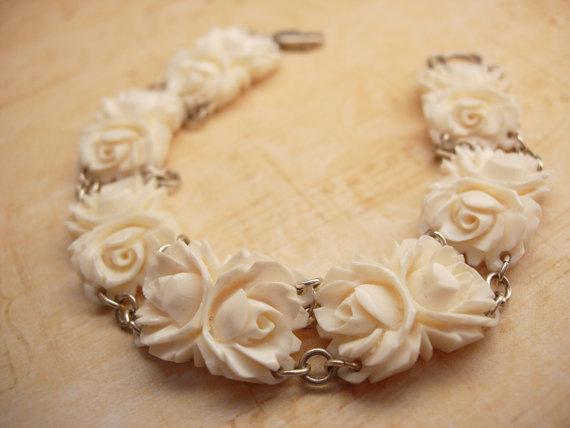 Vintage Carved Ivory Flower bracelet with sterling clasp
