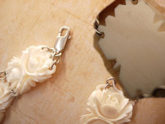 Vintage Carved Ivory Flower bracelet with sterling clasp