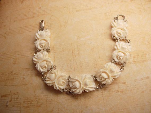 Vintage Carved Ivory Flower bracelet with sterling clasp