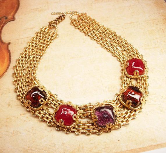ONe day Holiday sale Vintage French Gripoix glass runway necklace & Ring Couture signed Dominique Aurientis Huge and dramatic