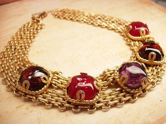ONe day Holiday sale Vintage French Gripoix glass runway necklace & Ring Couture signed Dominique Aurientis Huge and dramatic