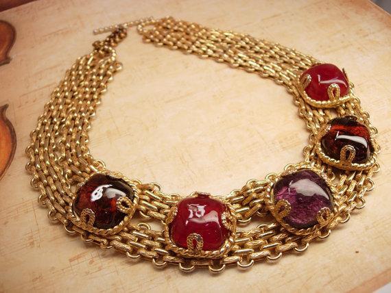 ONe day Holiday sale Vintage French Gripoix glass runway necklace & Ring Couture signed Dominique Aurientis Huge and dramatic