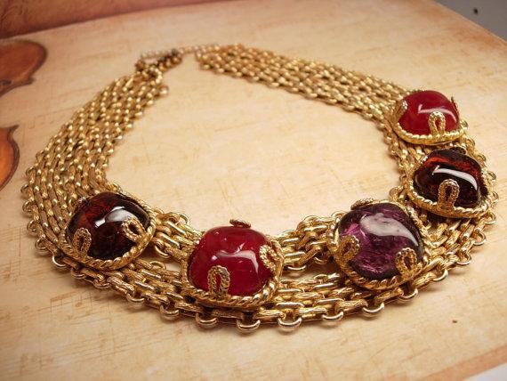 ONe day Holiday sale Vintage French Gripoix glass runway necklace & Ring Couture signed Dominique Aurientis Huge and dramatic